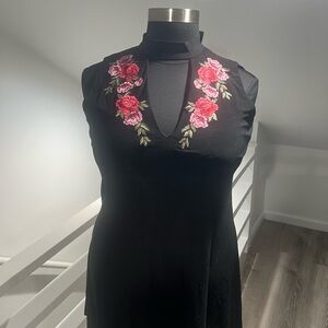 Loralette Black Dress with Pink Floral Embroidery